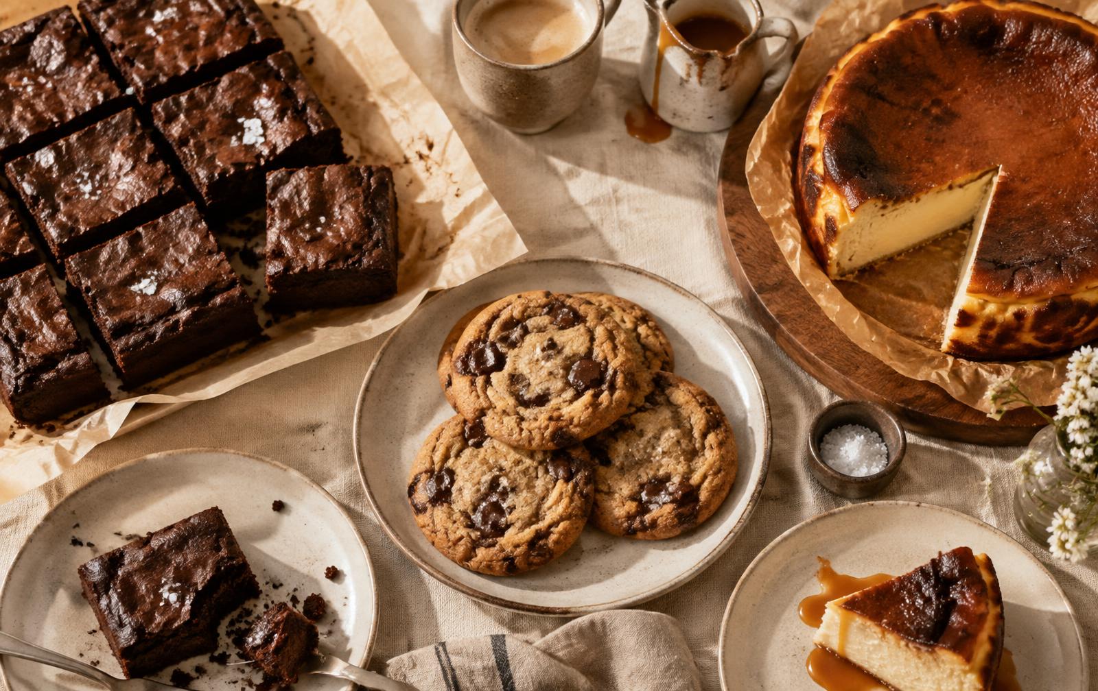 Homemade brownies, cookies and basque cheesecake